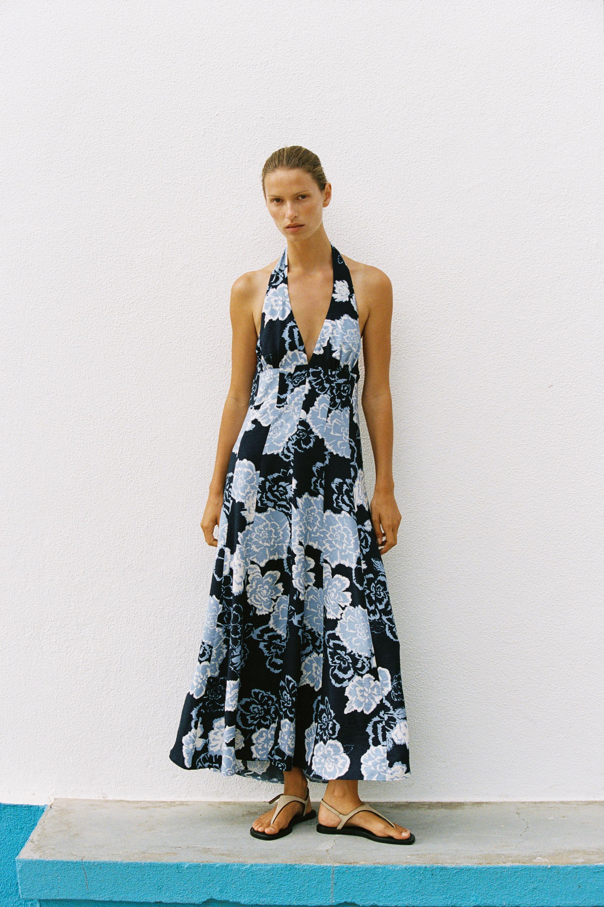 FLORAL PRINT HALTER MIDI DRESS